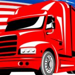 A red truck in front of the American Flag